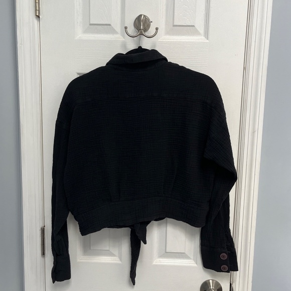 Free People Black Cotton Gauze Button Front Tie Hem Shirt Top XS Boho Casual - Picture 12 of 14